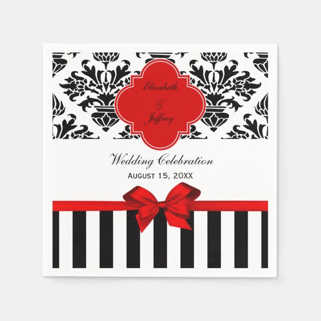 Black White Stripe Damask Red Ribbon Napkins (Front)