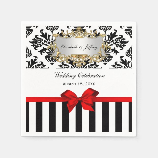 Black White Stripe Damask Red Ribbon Paper Napkins (Front)