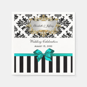 Black White Stripe Damask Teal Ribbon Napkins