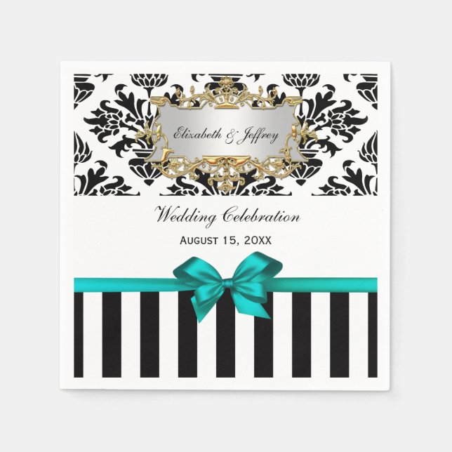 Black White Stripe Damask Teal Ribbon Napkins (Front)