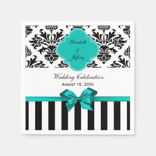 Black White Stripe Damask Teal Ribbon Napkins