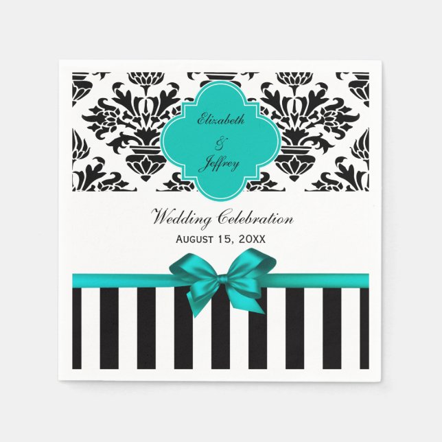 Black White Stripe Damask Teal Ribbon Napkins (Front)