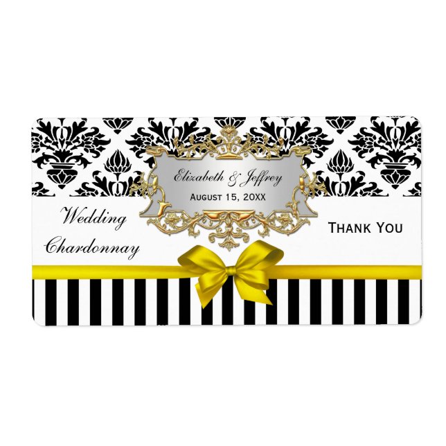 Black White Stripe Damask Yellow Party Wine Label (Front)