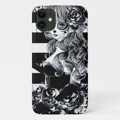 Black  White Stripe Day of the Dead Sugar Skull iPhone 11 Case