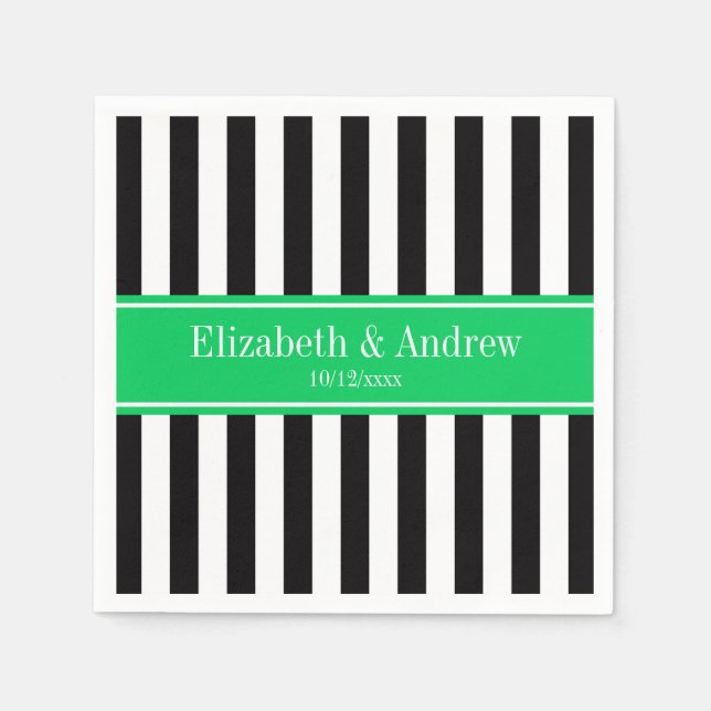 Black White Stripe Emerald Ribbon Name Monogram Napkins (Front)
