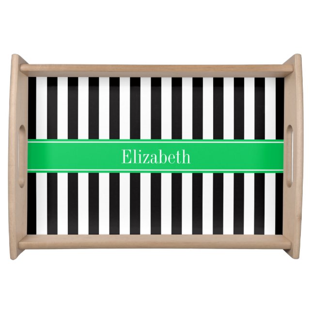 Black White Stripe Emerald Ribbon Name Monogram Serving Tray (Front)
