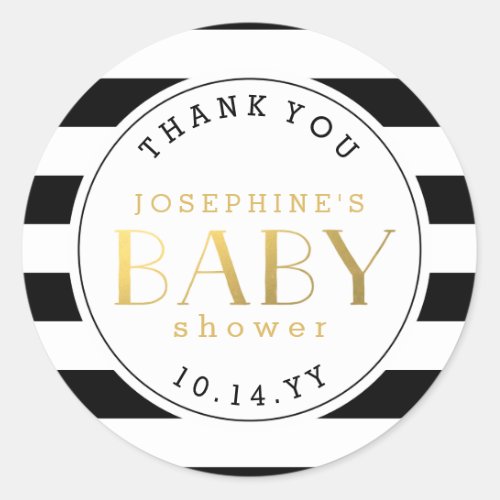 Black White Stripe Faux Gold Baby Shower Thank You Classic Round Sticker