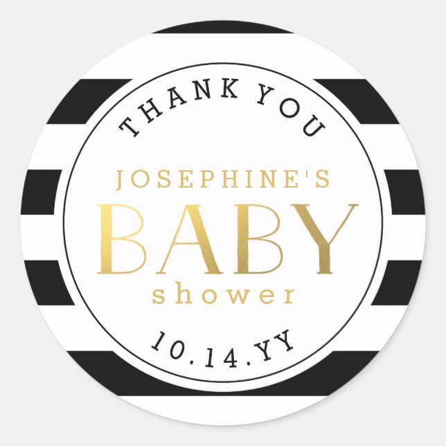 Black White Stripe Faux Gold Baby Shower Thank You Classic Round Sticker (Front)