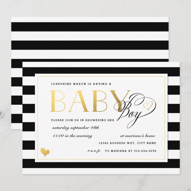 Black & White Stripe Faux Gold Boy Baby Shower Invitation (Front/Back)