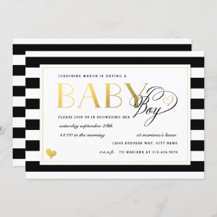Black & White Stripe Faux Gold Boy Baby Shower Invitation