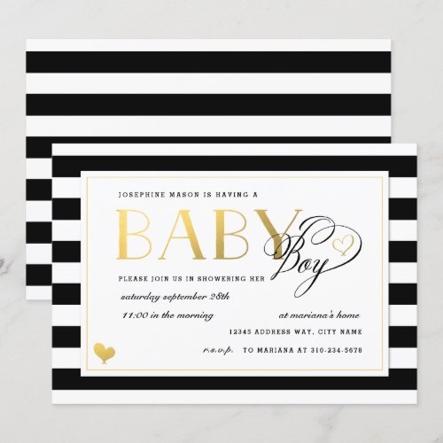 Black &amp; White Stripe Baby Boy Shower Gold Accents Personalized Invites
