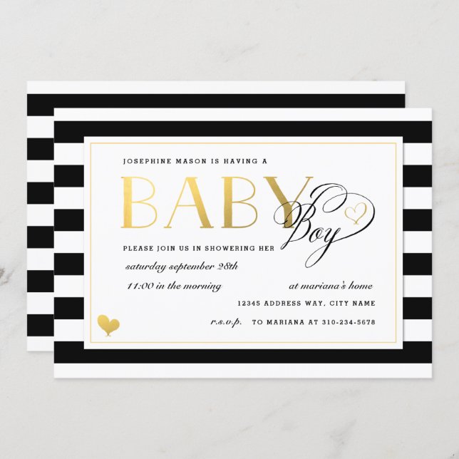 Black & White Stripe Faux Gold Boy Baby Shower Invitation (Front/Back)