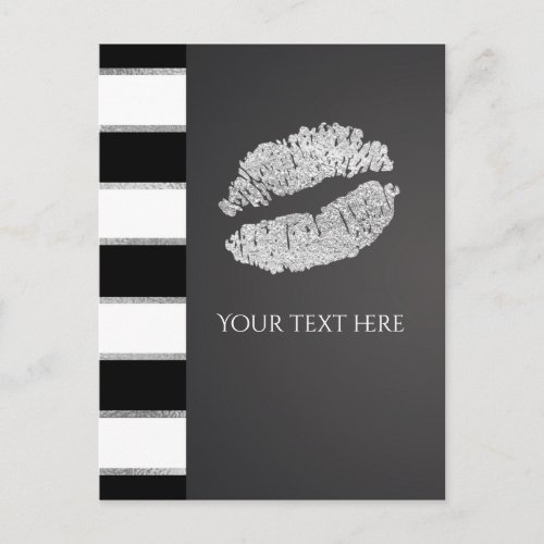 Black White Stripe Faux Silver Shimmer Lips Event Postcard