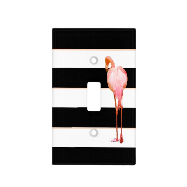 Black White Stripe Flamingo Light Switch Cover (Front)