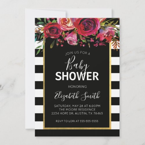 Black White Stripe Floral Baby Shower Invitation