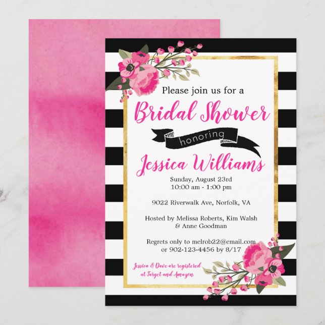 Black White Stripe Floral Bridal Shower Invitation (Front/Back)