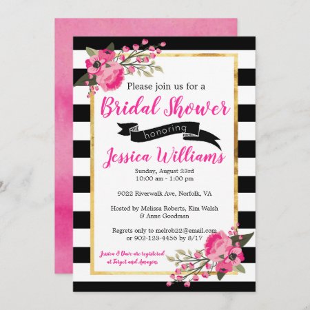 Black White Stripe Floral Bridal Shower Invitation