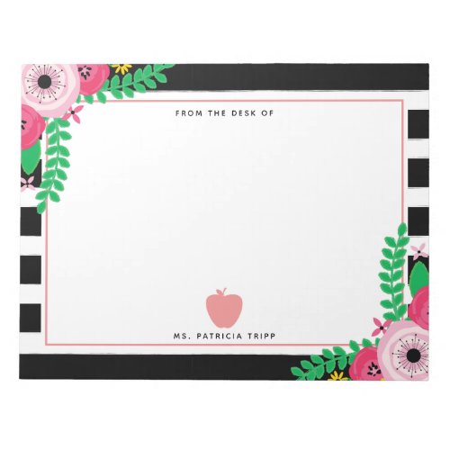 Black  White Stripe Floral Pink Apple Teacher Notepad