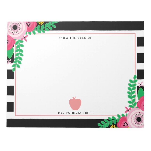 Black + White Stripe Floral Pink Apple Teacher Notepad (Front)