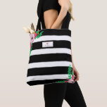 Black + White Stripe Floral Pink Apple Teacher Tote Bag at Zazzle