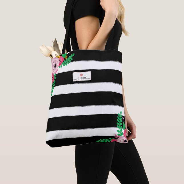 Black + White Stripe Floral Pink Apple Teacher Tote Bag (Close Up)
