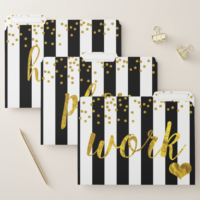 Black & White Stripe Gold  Accent Typography File Folder (Set)