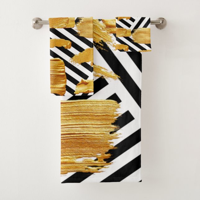 Black & White Stripe Gold Bathroom Towel Sets (Insitu)