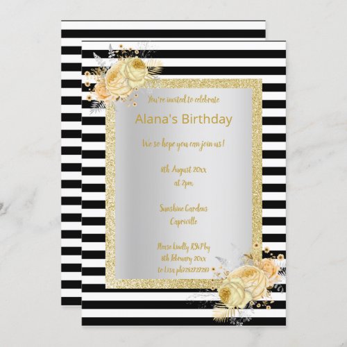 Black white stripe Gold bouquet birthday Invitation