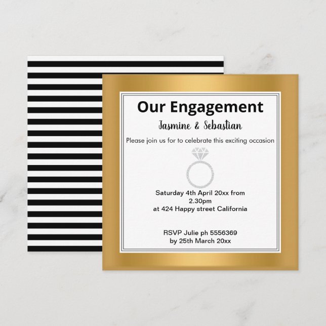 Black & White Stripe Gold Diamond Ring Engagement Invitation (Front/Back)