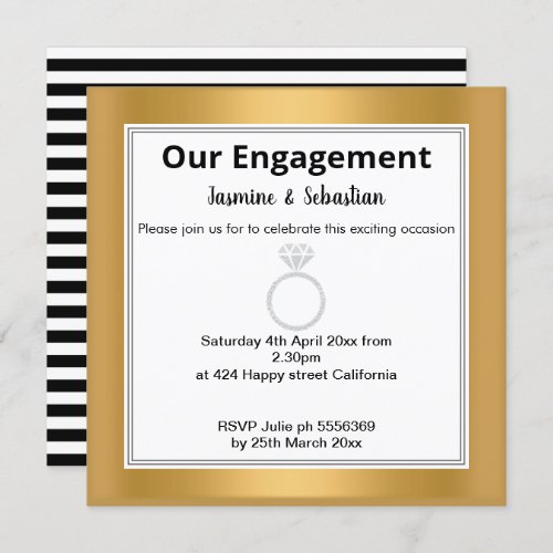 Black  White Stripe Gold Diamond Ring Engagement Invitation