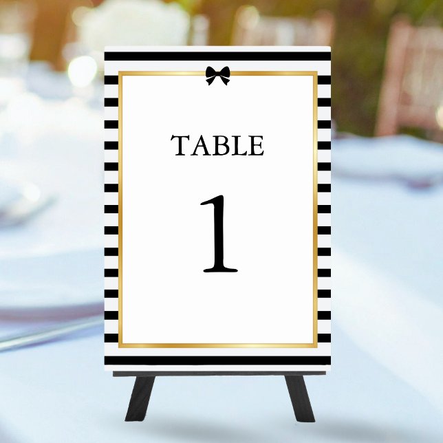 Black White Stripe Gold Frame Elegant Wedding Table Number (Creator Uploaded)