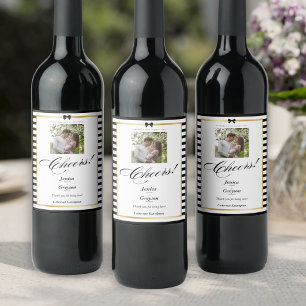 Black White Stripe Gold Frame Wedding Photo Wine Label