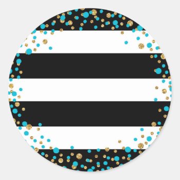 Black White Stripe Gold Glitter Turquoise Sprinkle Classic Round Sticker by NouDesigns at Zazzle