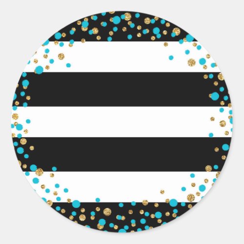 Black White Stripe Gold Glitter Turquoise Sprinkle Classic Round Sticker