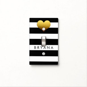 Black & White Stripe Gold Heart Light Switch Cover
