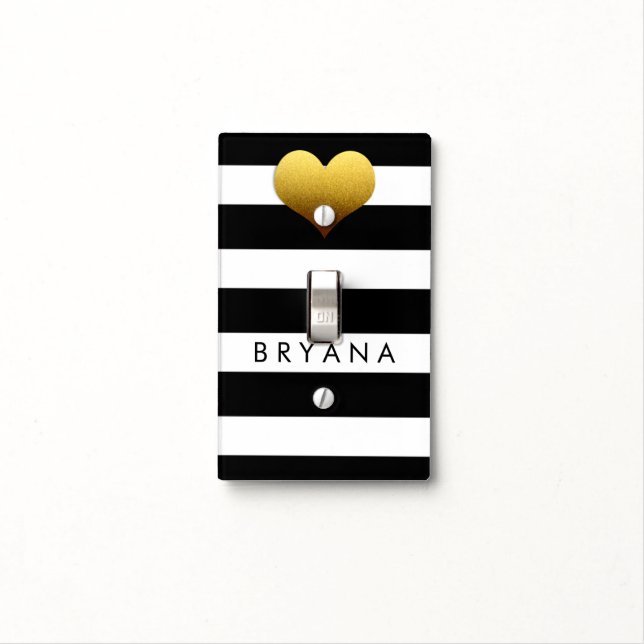 Black & White Stripe Gold Heart Light Switch Cover (In Situ)