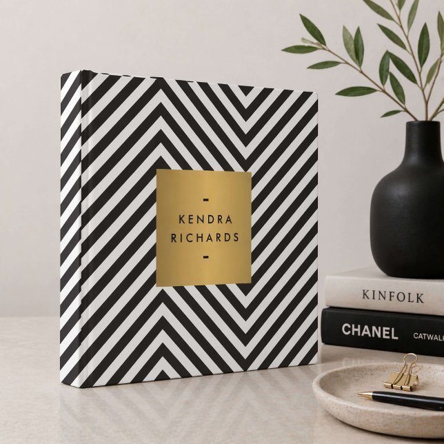 Black White Stripe Gold Minimalist Modern 3 Ring Binder (Creator Uploaded)