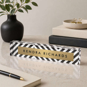 Black White Stripe Gold Minimalist Modern Desk Name Plate