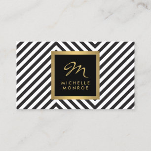 Black White Stripe Gold Minimalist Modern Monogram Business Card