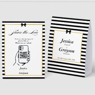 Black White Stripe Gold Wedding Photo Sharing Paper Table Tent