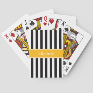 Black White Stripe Goldenrod Ribbon Name Monogram Poker Cards