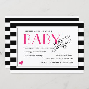 Black & White Stripe Hot Pink Girl Baby Shower Invitation