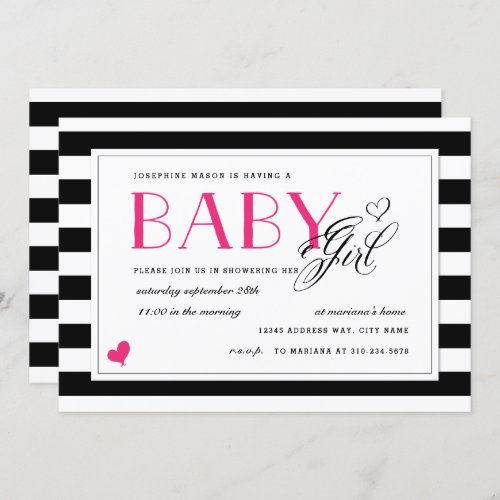 Black  White Stripe Hot Pink Girl Baby Shower Invitation