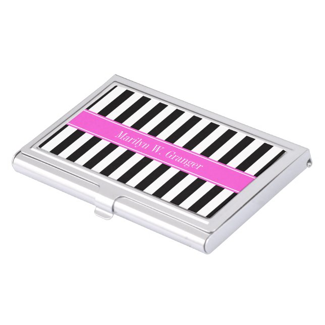 Black White Stripe Hot Pink Ribbon Name Monogram Case For Business Cards (Front)