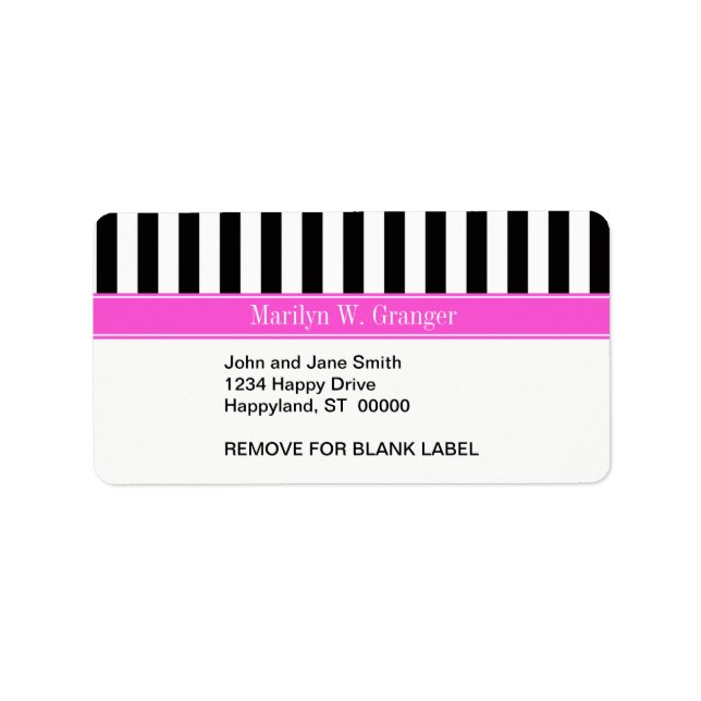 Black White Stripe Hot Pink Ribbon Name Monogram Label (Front)