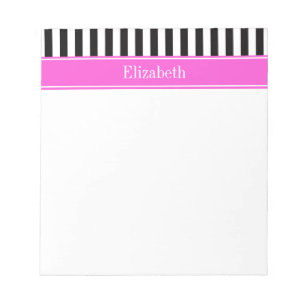 Black White Stripe Hot Pink Ribbon Name Monogram Notepad