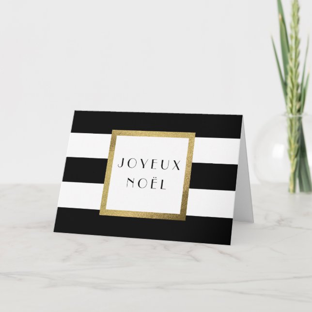 Black & White Stripe "Joyeux Noël" Christmas Holiday Card (Front)