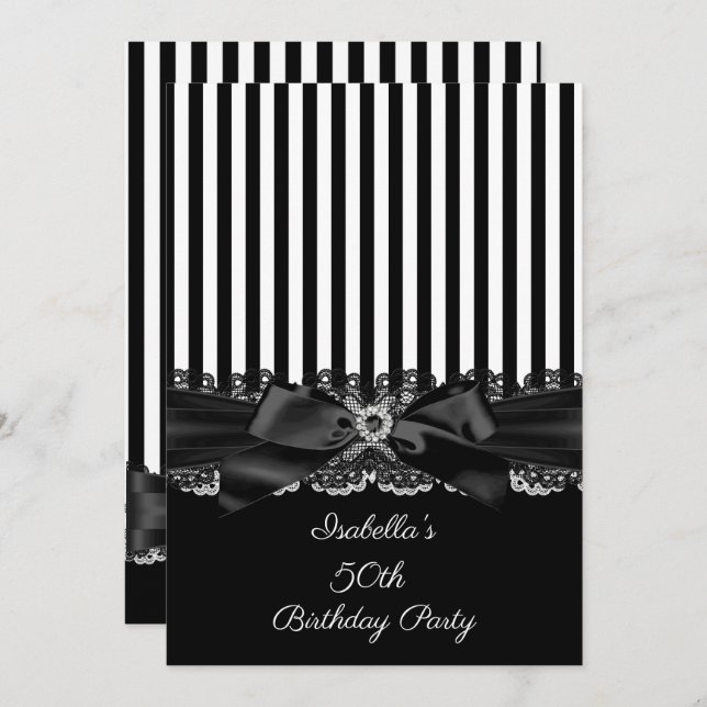Black White Stripe Lace bow 50th birthday Invitation (Front/Back)
