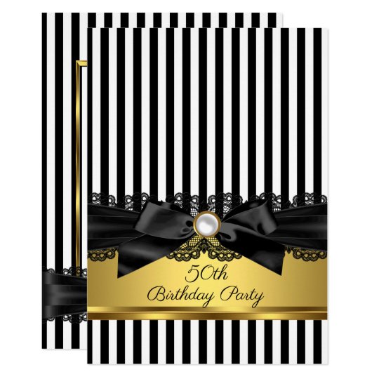 Black White Stripe Lace Bow Gold 50th Birthday Invitation Zazzle Com