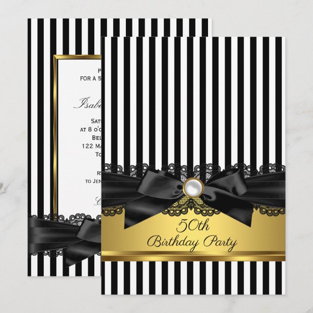 Black White Stripe Lace bow Gold 50th birthday Invitation (Front/Back)